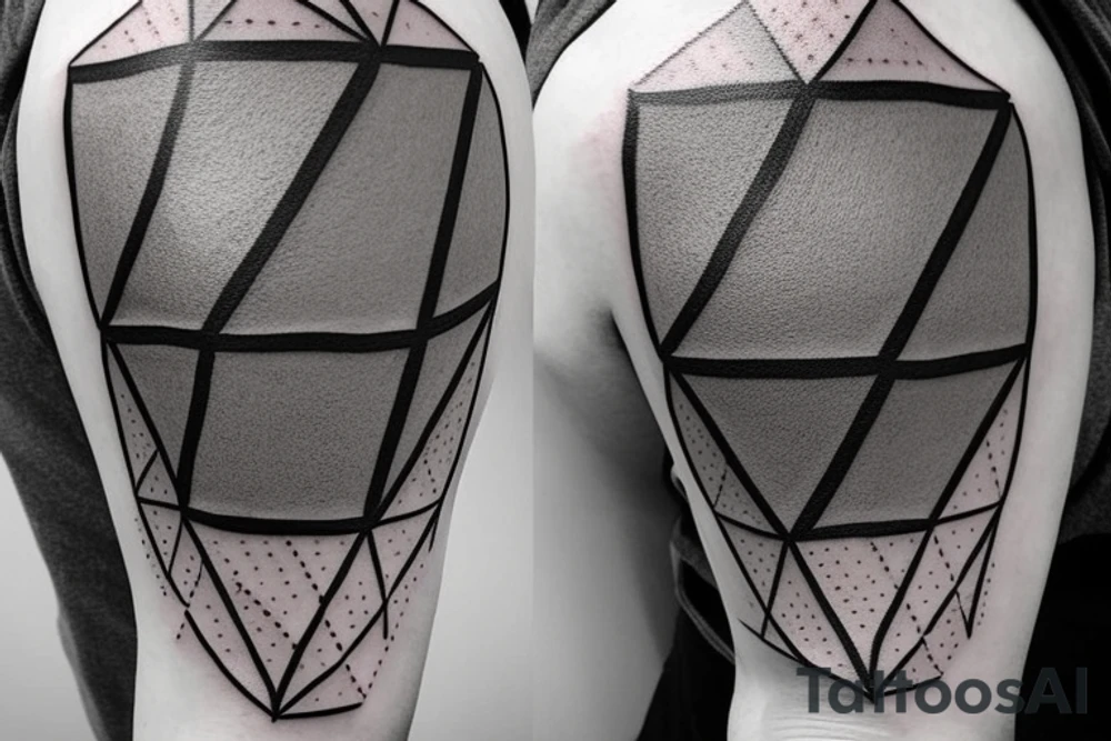 A Ballon skin is pressed against Metal with a Rough surface. The metal has a geometrical pattern of triangles cubes and circles tattoo idea