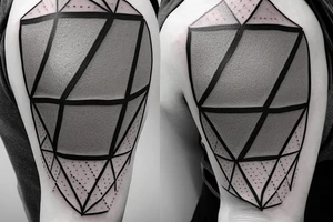 A Ballon skin is pressed against Metal with a Rough surface. The metal has a geometrical pattern of triangles cubes and circles tattoo idea