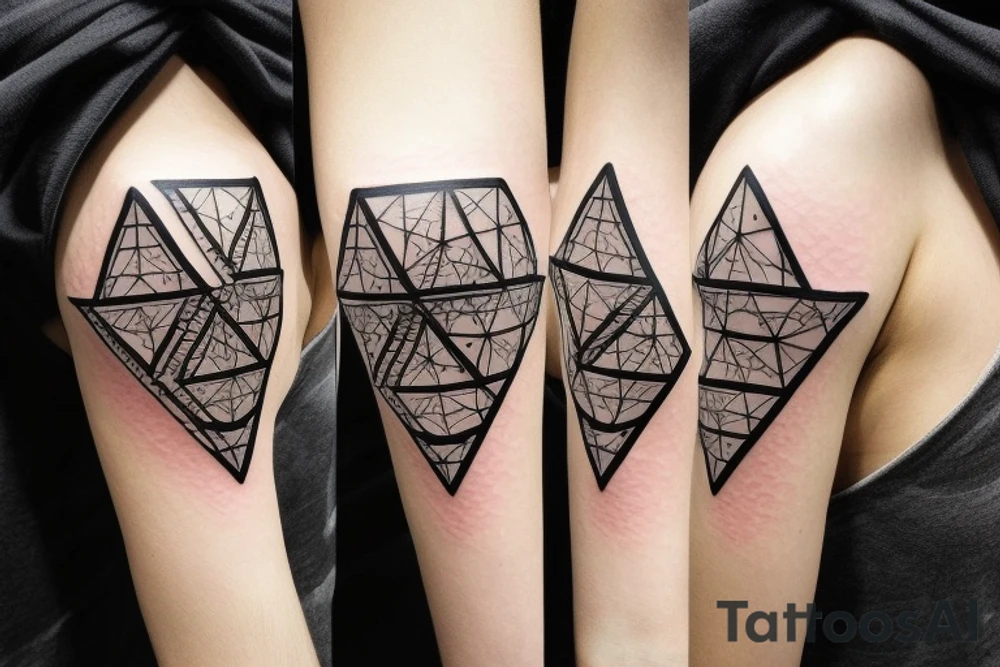 A Ballon skin is pressed against Metal with a Rough surface. The metal has a geometrical pattern of triangles cubes and circles tattoo idea