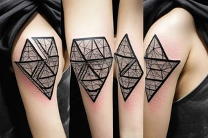 A Ballon skin is pressed against Metal with a Rough surface. The metal has a geometrical pattern of triangles cubes and circles tattoo idea