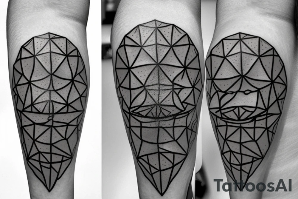 A Ballon skin is pressed against Metal with a Rough surface. The metal has a geometrical pattern of triangles cubes and circles tattoo idea
