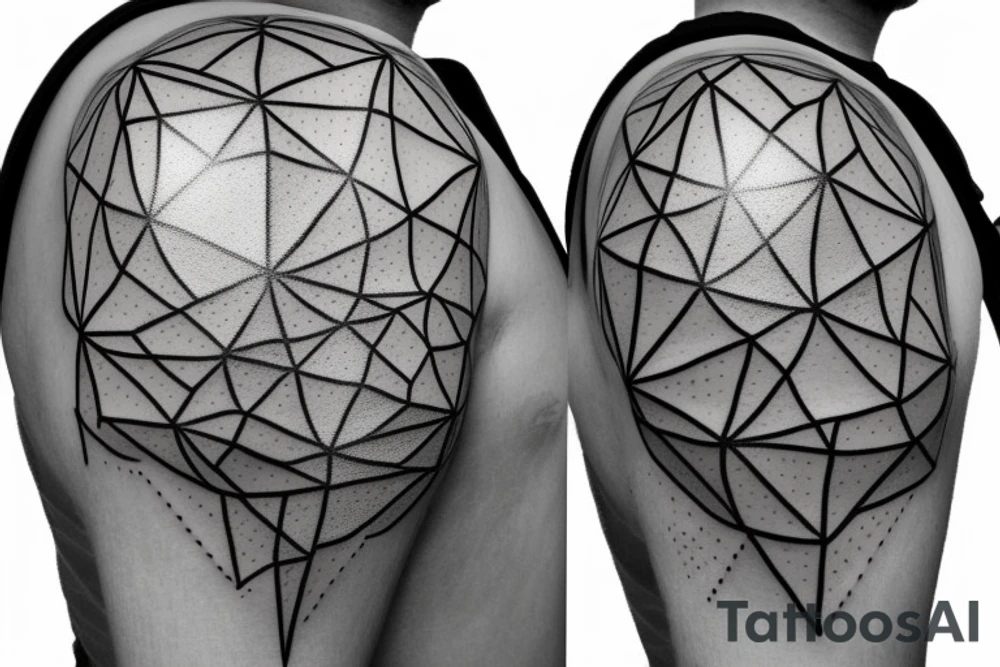 A Ballon skin is pressed against Metal with a Rough surface. The metal has a geometrical pattern of triangles cubes and circles tattoo idea