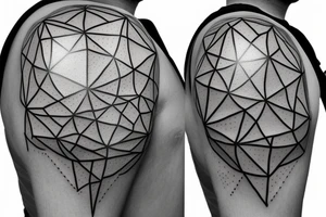 A Ballon skin is pressed against Metal with a Rough surface. The metal has a geometrical pattern of triangles cubes and circles tattoo idea