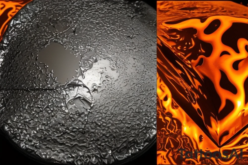 Molten metal has a smooth, reflective surface, similar to a mirror.
It flows like a thick, viscous liquid, similar to molten lava or syrup.
Melting metal emits intense heat and produces a radiant glow corresponding to its color.
Heat waves or distortions in the air may be visible above the molten metal. tattoo idea
