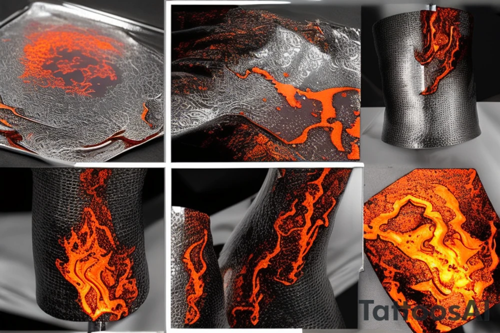 Molten metal has a smooth, reflective surface, similar to a mirror.
It flows like a thick, viscous liquid, similar to molten lava or syrup.
Melting metal emits intense heat and produces a radiant glow corresponding to its color.
Heat waves or distortions in the air may be visible above the molten metal. tattoo idea