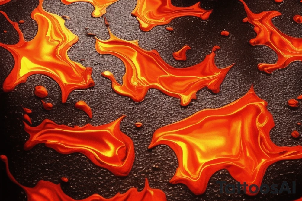 Molten metal has a smooth, reflective surface, similar to a mirror.
It flows like a thick, viscous liquid, similar to molten lava or syrup.
Melting metal emits intense heat and produces a radiant glow corresponding to its color.
Heat waves or distortions in the air may be visible above the molten metal. tattoo idea