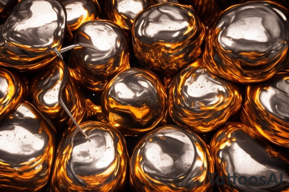Molten metal has a smooth, reflective surface, similar to a mirror.
It flows like a thick, viscous liquid, similar to molten lava or syrup.
Melting metal emits intense heat and produces a radiant glow corresponding to its color.
Heat waves or distortions in the air may be visible above the molten metal. tattoo idea