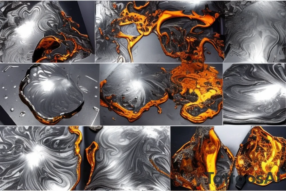 Molten metal has a smooth, reflective surface, similar to a mirror.
It flows like a thick, viscous liquid, similar to molten lava or syrup.
Melting metal emits intense heat and produces a radiant glow corresponding to its color.
Heat waves or distortions in the air may be visible above the molten metal. tattoo idea