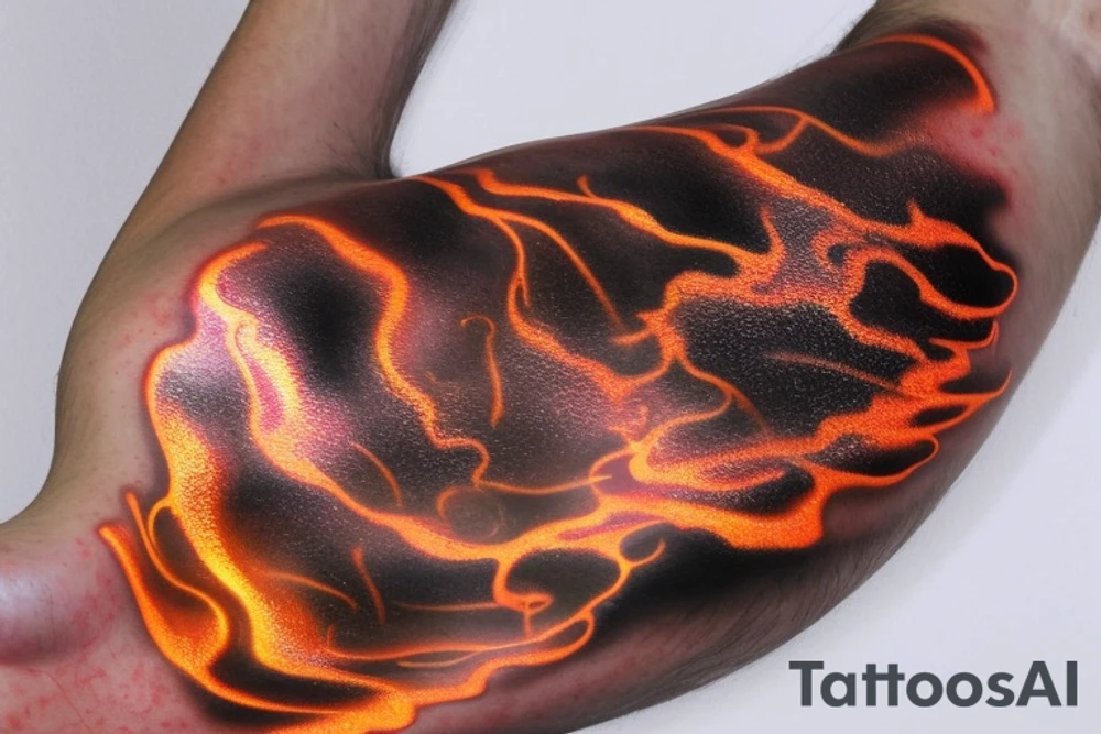 Molten metal has a smooth, reflective surface, similar to a mirror.
It flows like a thick, viscous liquid, similar to molten lava or syrup.
Melting metal emits intense heat and produces a radiant glow corresponding to its color.
Heat waves or distortions in the air may be visible above the molten metal. tattoo idea