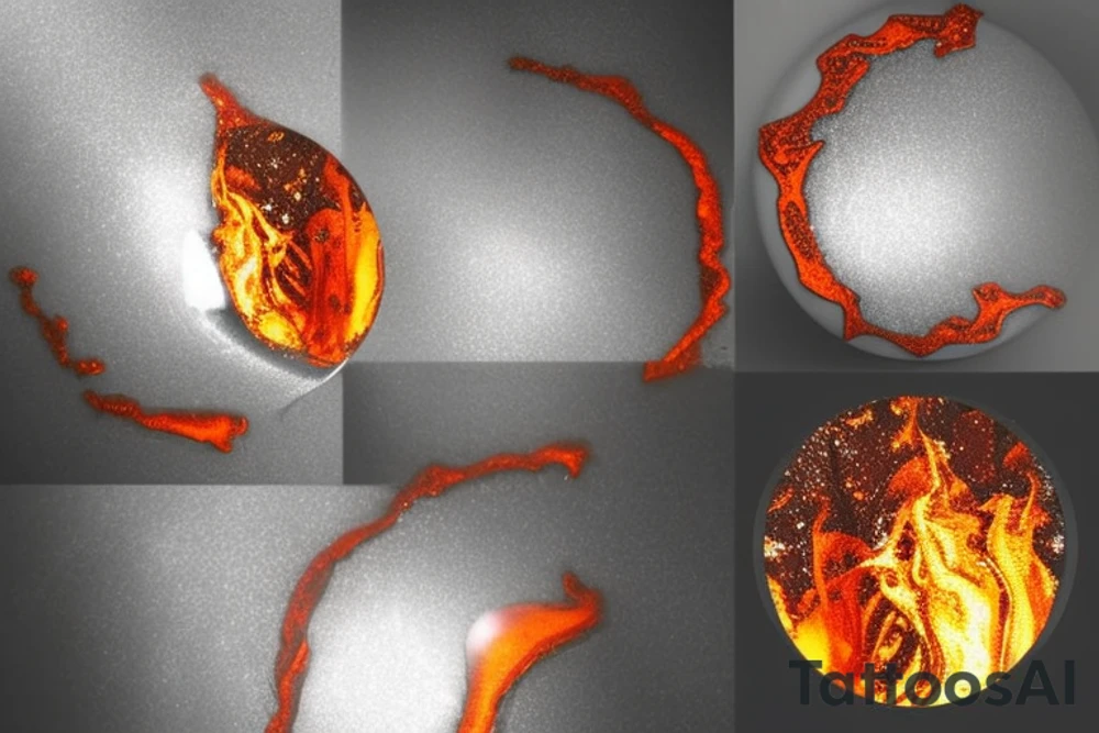 Molten metal has a smooth, reflective surface, similar to a mirror.
It flows like a thick, viscous liquid, similar to molten lava or syrup.
Melting metal emits intense heat and produces a radiant glow corresponding to its color.
Heat waves or distortions in the air may be visible above the molten metal. tattoo idea