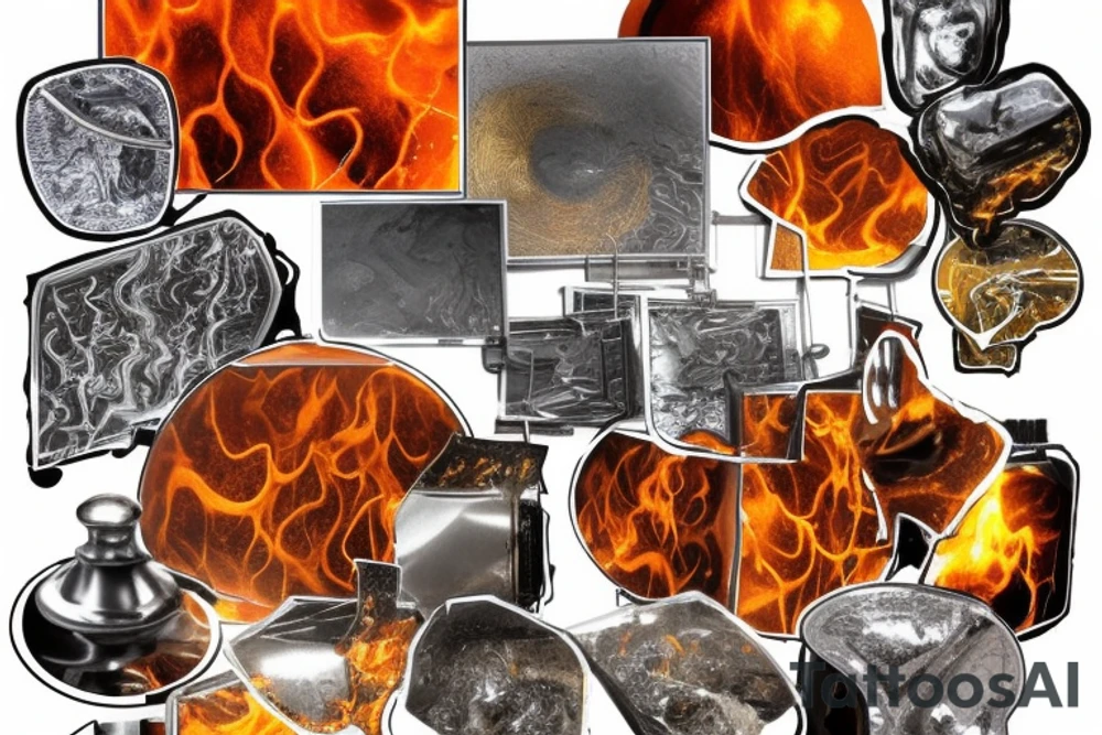 Molten metal has a smooth, reflective surface, similar to a mirror.
It flows like a thick, viscous liquid, similar to molten lava or syrup.
Melting metal emits intense heat and produces a radiant glow corresponding to its color.
Heat waves or distortions in the air may be visible above the molten metal. tattoo idea