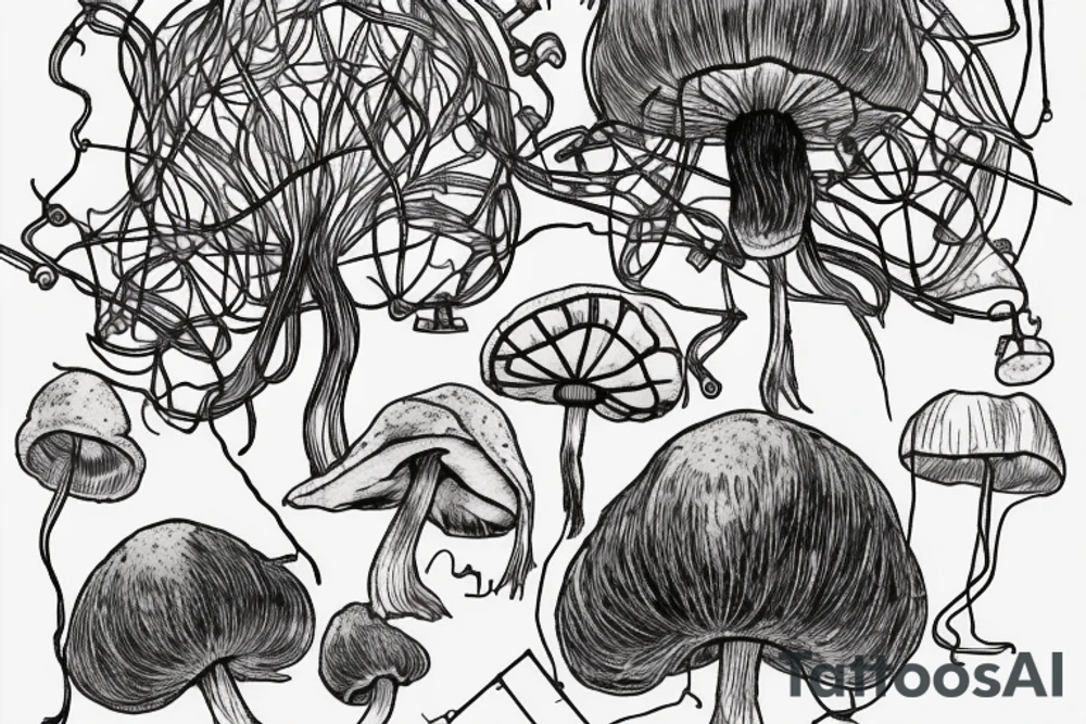 A tattoo that will describe Albert Camus's theory of the absurd with an emphasis on the way a person should live life despite the absurdity in the way that mushrooms transmit information between them using electrical impulses across thread-like wires called hyphae. tattoo idea