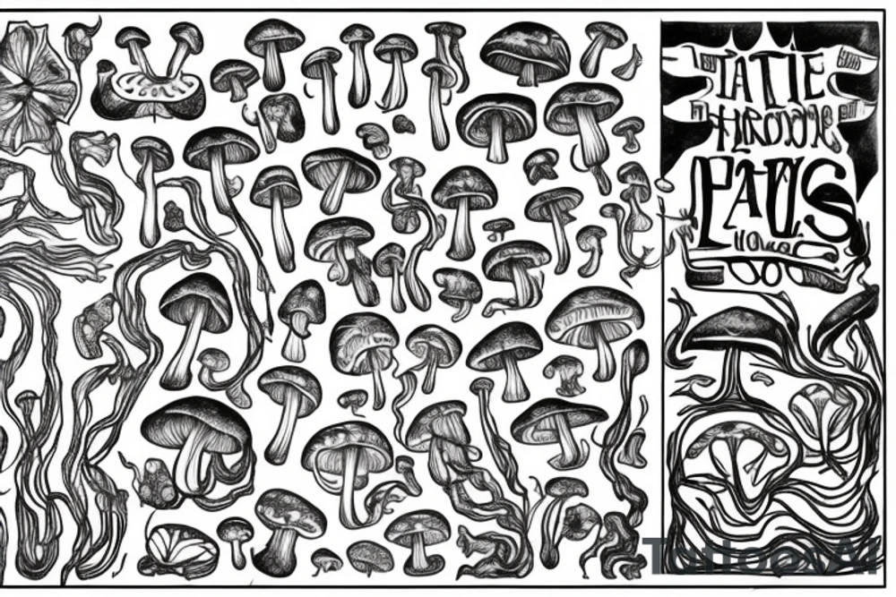A tattoo that will describe Albert Camus's theory of the absurd with an emphasis on the way a person should live life despite the absurdity in the way that mushrooms transmit information between them using electrical impulses across thread-like wires called hyphae. tattoo idea