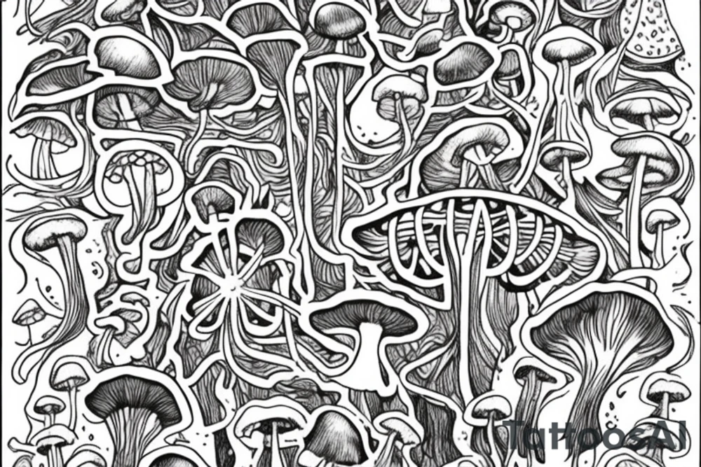 A tattoo that will describe Albert Camus's theory of the absurd with an emphasis on the way a person should live life despite the absurdity in the way that mushrooms transmit information between them using electrical impulses across thread-like wires called hyphae. tattoo idea
