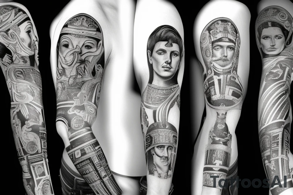 Modern roman emperor arm sleeve tattoo idea