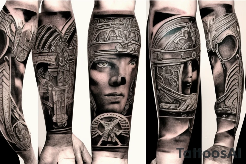 Roman gladiator arm sleeve tattoo idea