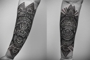 Roman gladiator arm sleeve with diamond and mandala tattoo idea
