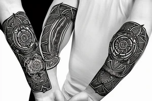 Roman gladiator arm sleeve with diamond and mandala tattoo idea