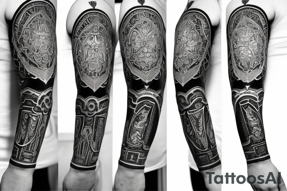 Roman gladiator arm sleeve with diamond and mandala tattoo idea