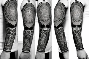 Roman gladiator arm sleeve with diamond and mandala tattoo idea