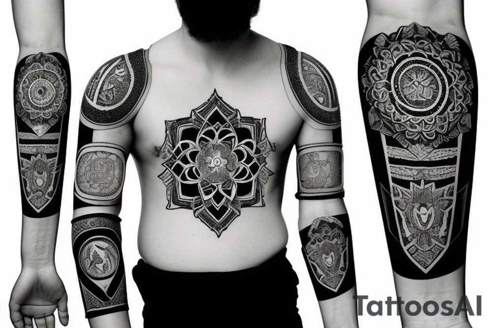 Roman gladiator arm sleeve with diamond and mandala tattoo idea