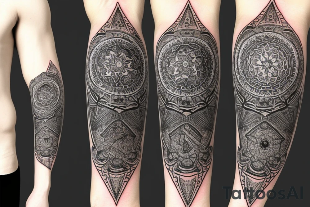 Roman gladiator arm sleeve with diamond and mandala tattoo idea
