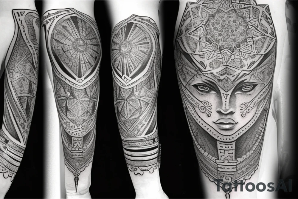Roman warrior with diamond and mandala arm sleeve tattoo idea