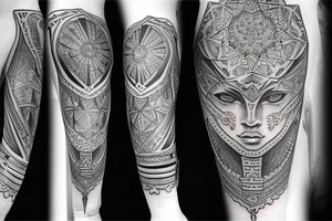 Roman warrior with diamond and mandala arm sleeve tattoo idea