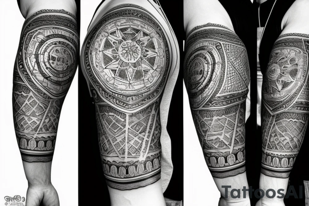 Roman warrior with diamond and mandala arm sleeve tattoo idea