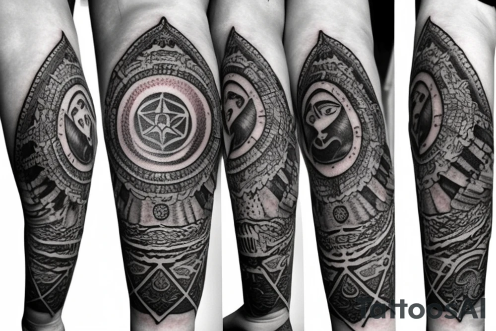 Roman warrior with diamond and spiritual mandala arm sleeve tattoo idea