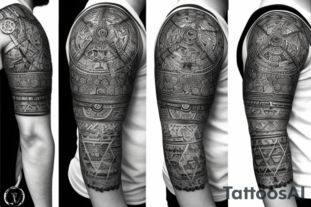 Roman warrior with diamond and spiritual mandala arm sleeve tattoo idea