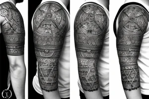 Roman warrior with diamond and spiritual mandala arm sleeve tattoo idea