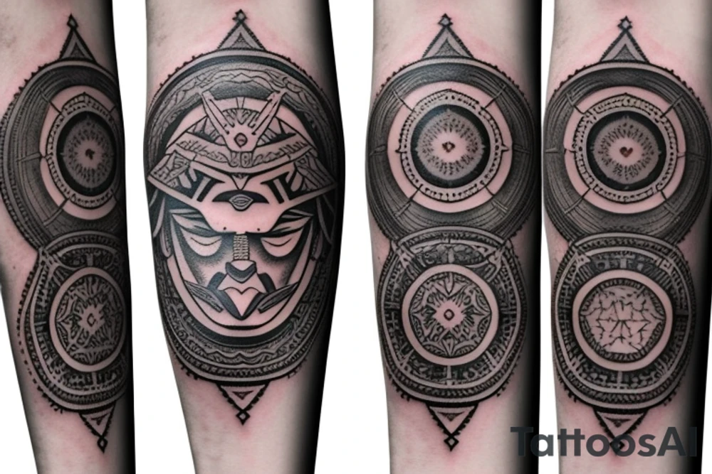 Roman warrior with diamond and spiritual mandala arm sleeve tattoo idea