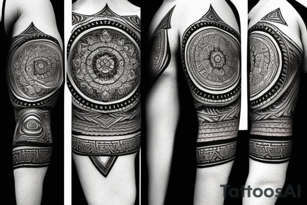 Roman warrior with diamond and spiritual mandala arm sleeve tattoo idea