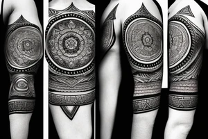 Roman warrior with diamond and spiritual mandala arm sleeve tattoo idea