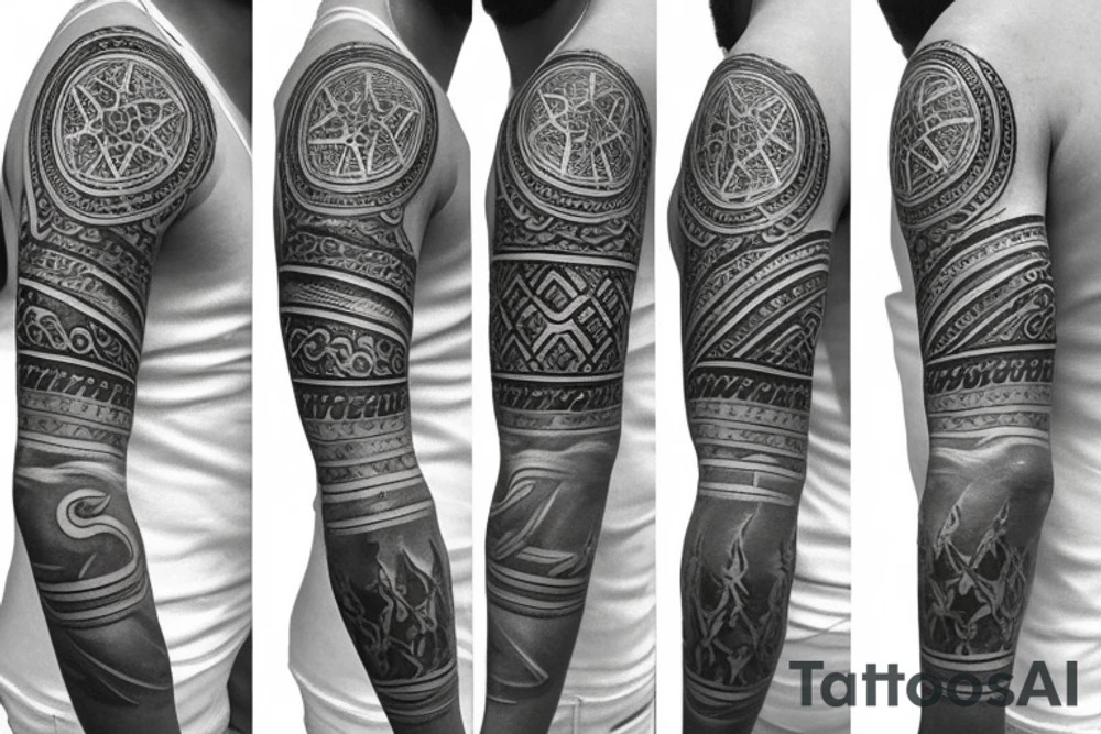 Roman warrior with diamond and spiritual mandala arm sleeve tattoo idea