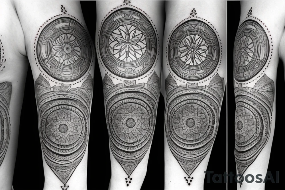 Roman warrior with diamond and spiritual mandala arm sleeve tattoo idea