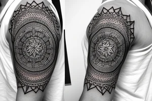 Roman warrior with diamond and spiritual mandala arm sleeve tattoo idea