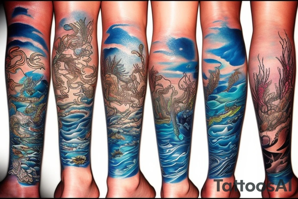 Ocean themed leg sleeve tattoo idea