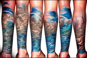Ocean themed leg sleeve tattoo idea