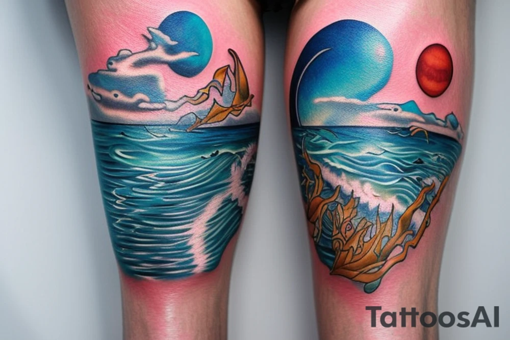 Ocean themed leg sleeve tattoo idea