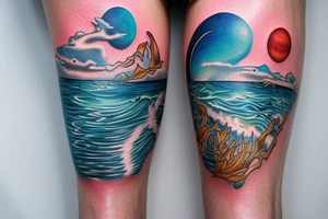 Ocean themed leg sleeve tattoo idea