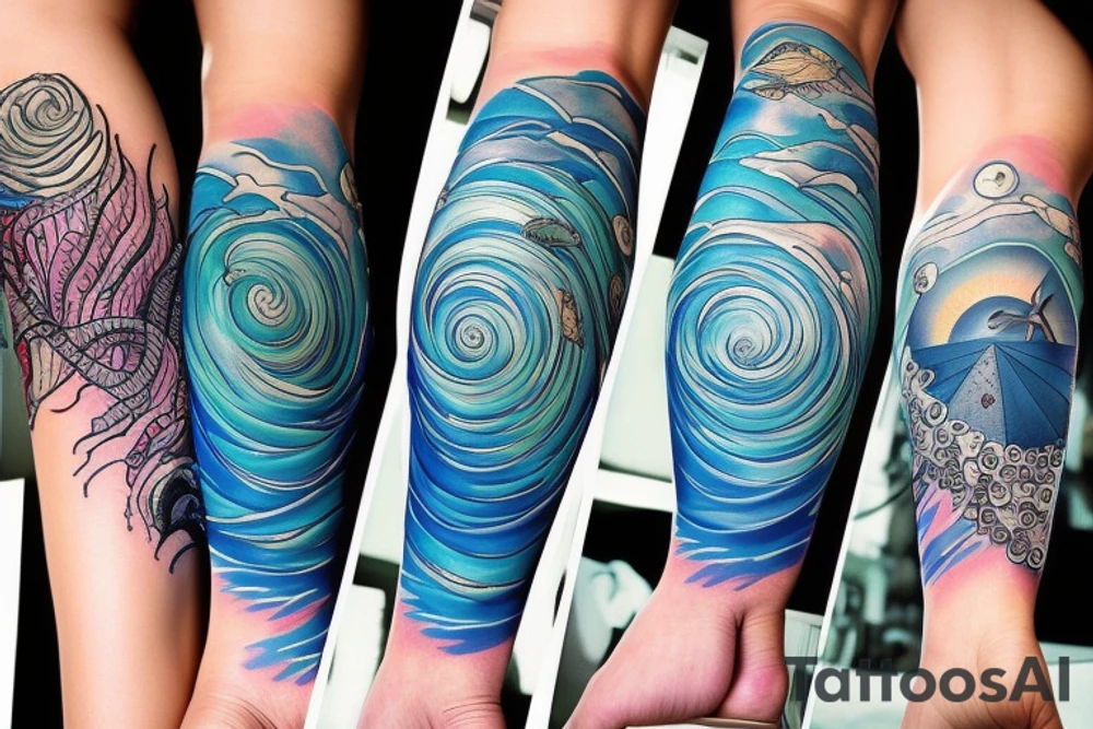 Ocean themed leg sleeve tattoo idea