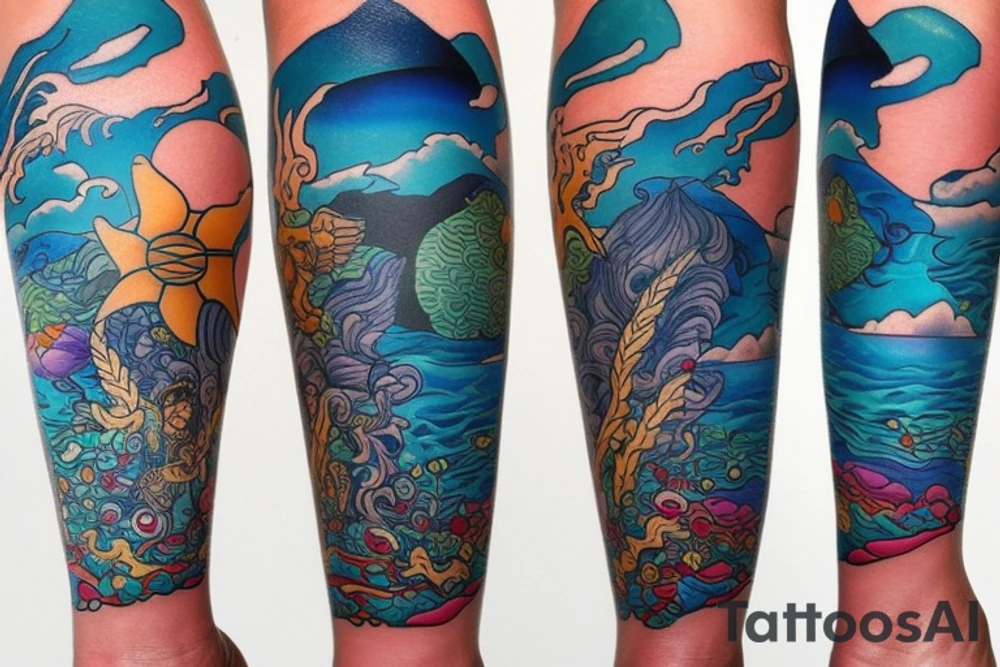 Ocean themed leg sleeve tattoo idea