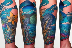 Ocean themed leg sleeve tattoo idea