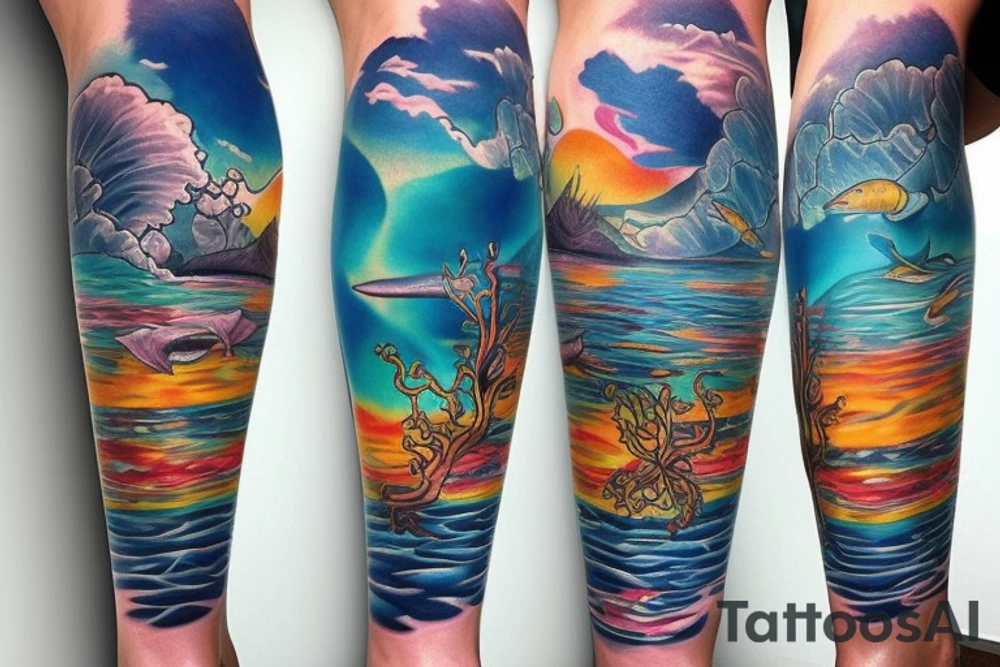 Ocean themed leg sleeve tattoo idea