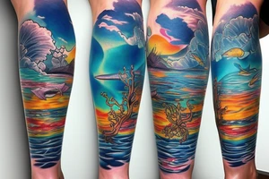 Ocean themed leg sleeve tattoo idea