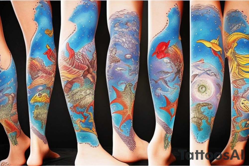 Ocean sea creatures themed leg sleeve tattoo idea
