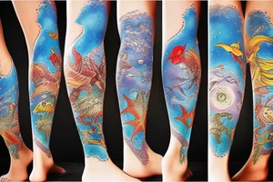 Ocean sea creatures themed leg sleeve tattoo idea