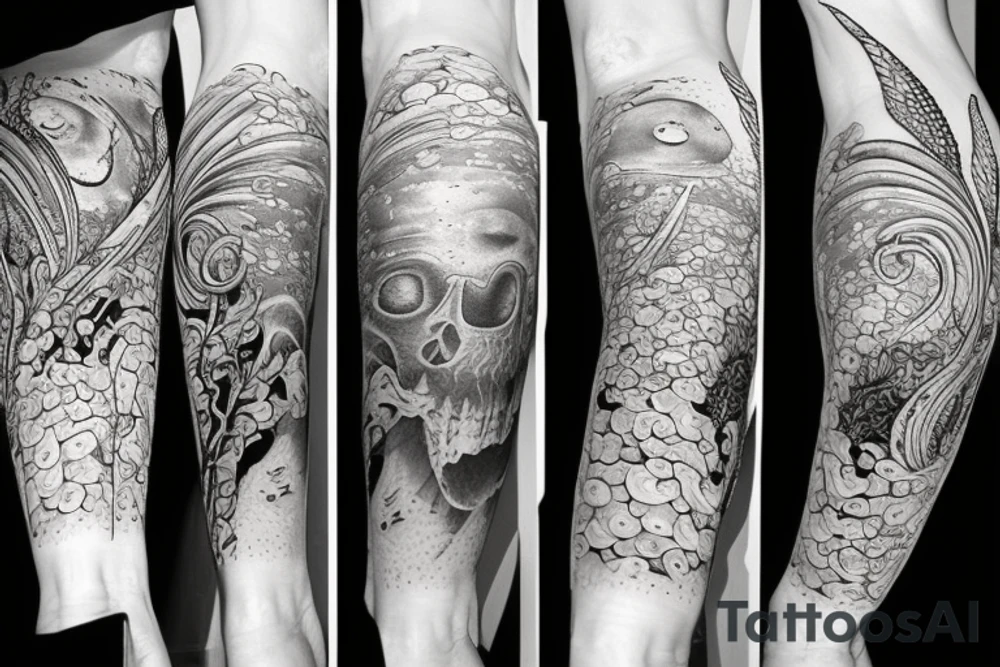 Ocean sea creatures themed leg sleeve tattoo idea